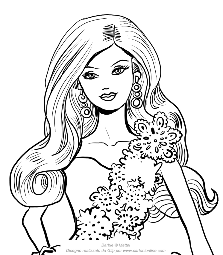 Dessin de Barbie magie des vacances avec robe blanche avec visage au premier plan à imprimer et colorier