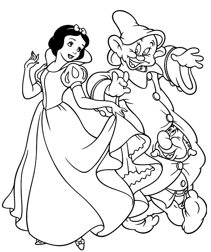小人たちと踊る白雪姫ぬりえページを印刷して着色する