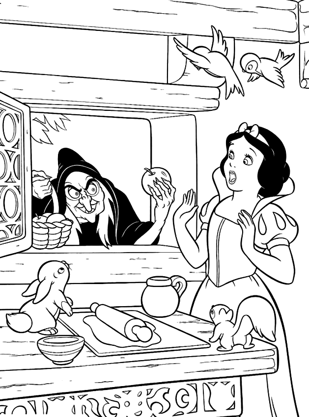 Dibujo de la bruja que ofrece la manzana a Blancanieves para imprimir y colorear