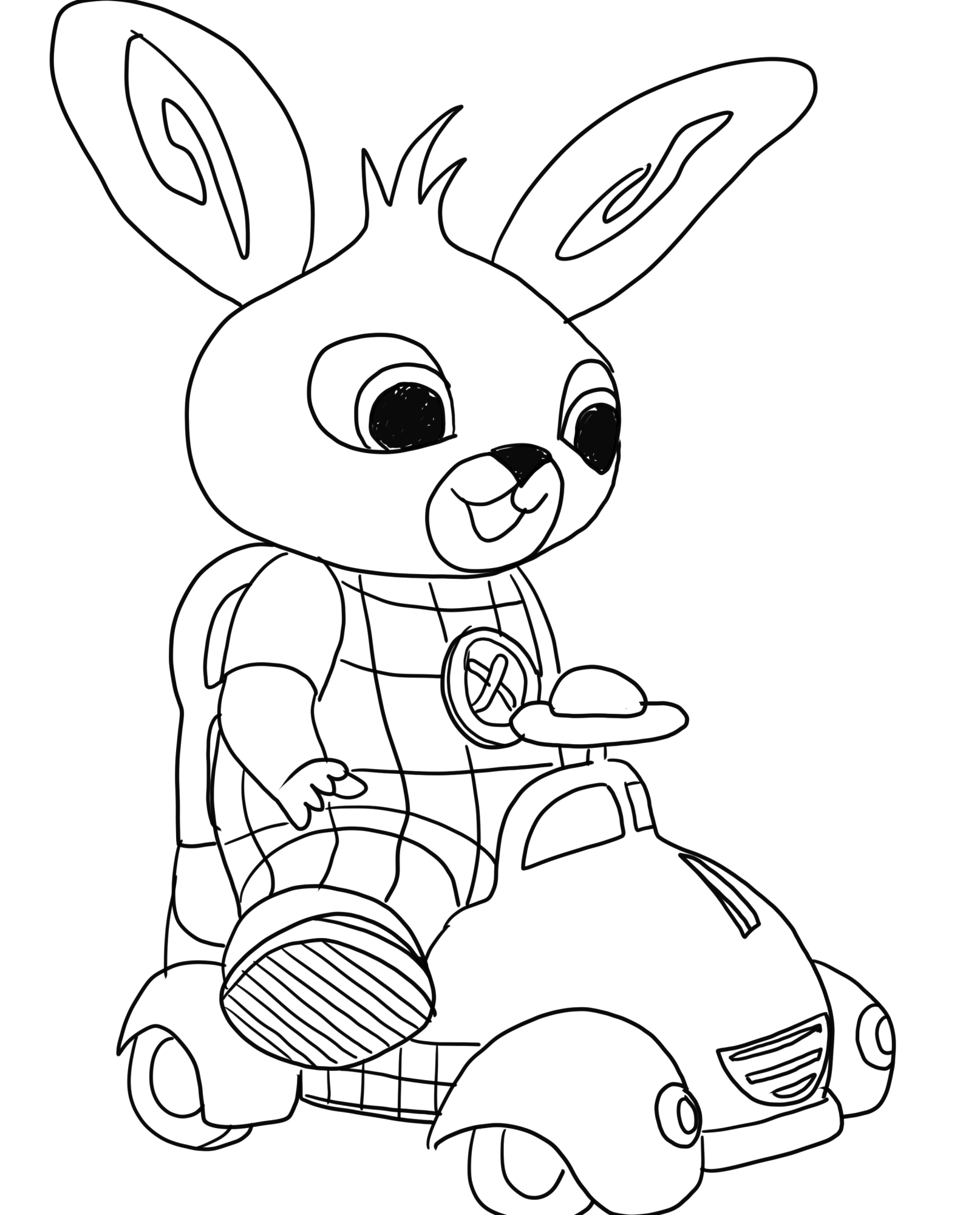 Drawing of Bing above the toy car to print and color