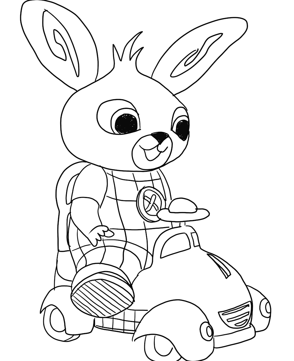 Drawing of Bing above the toy car to print and color