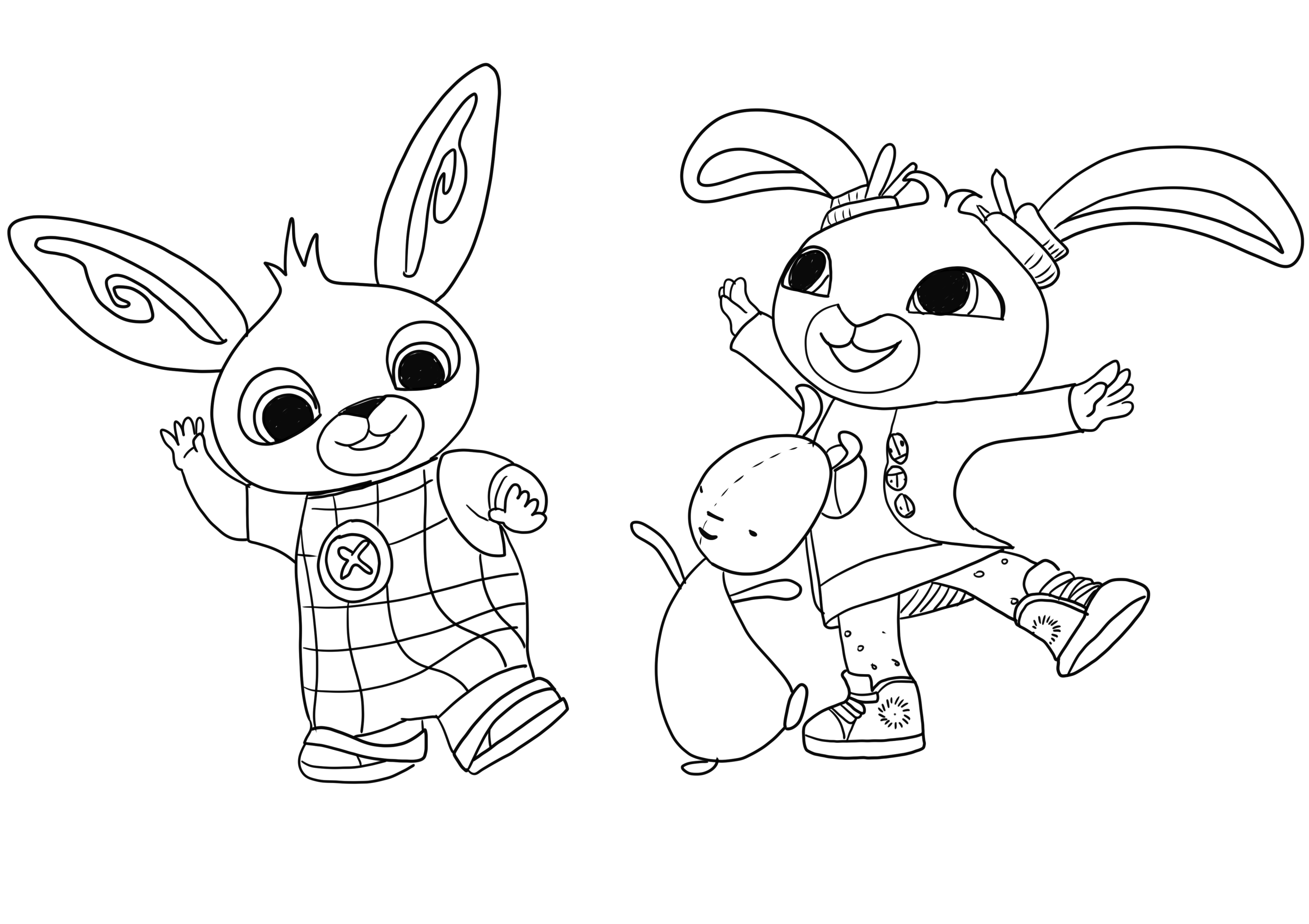 Drawing of Bing, Flop and Coco dancing to print and coloring