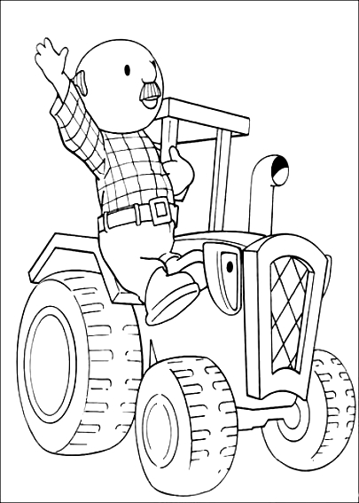 Drawing of Mr. Pickles the farmer and Travis the tractor from Bob the Builder to print and color