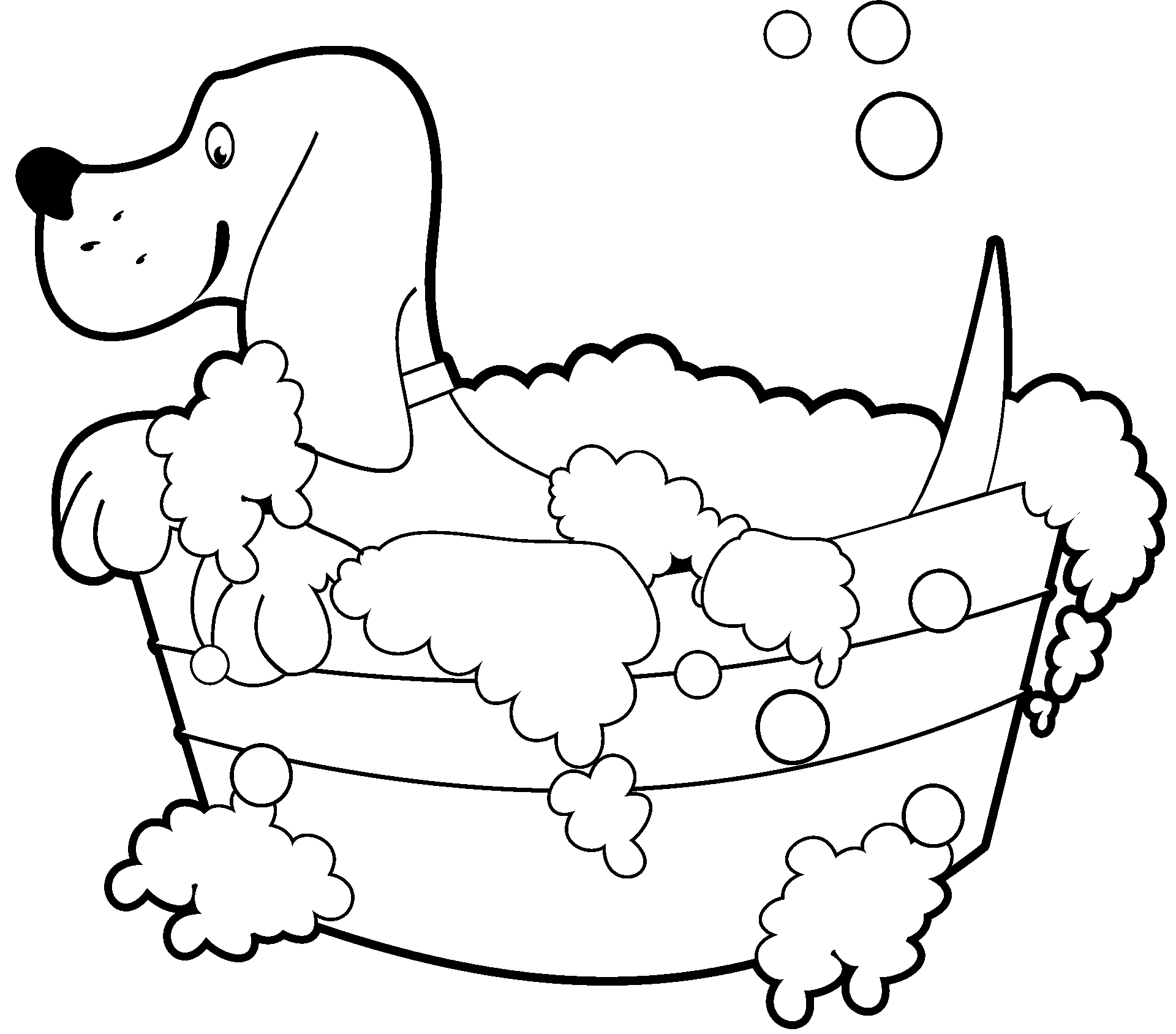 浴槽でお風呂に入っている犬のぬり絵を描く