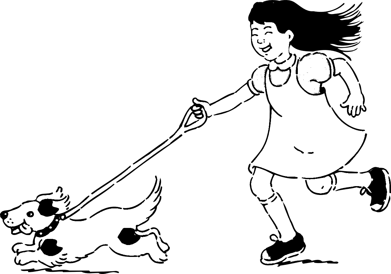 着色页的小女孩与狗在皮带上运行