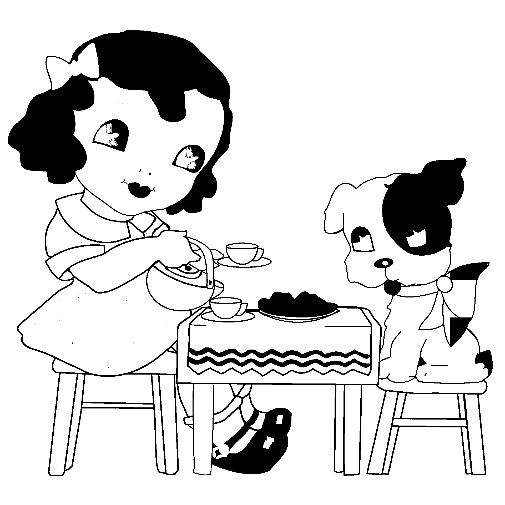 Página para colorear de niña jugando con su perro en la comida