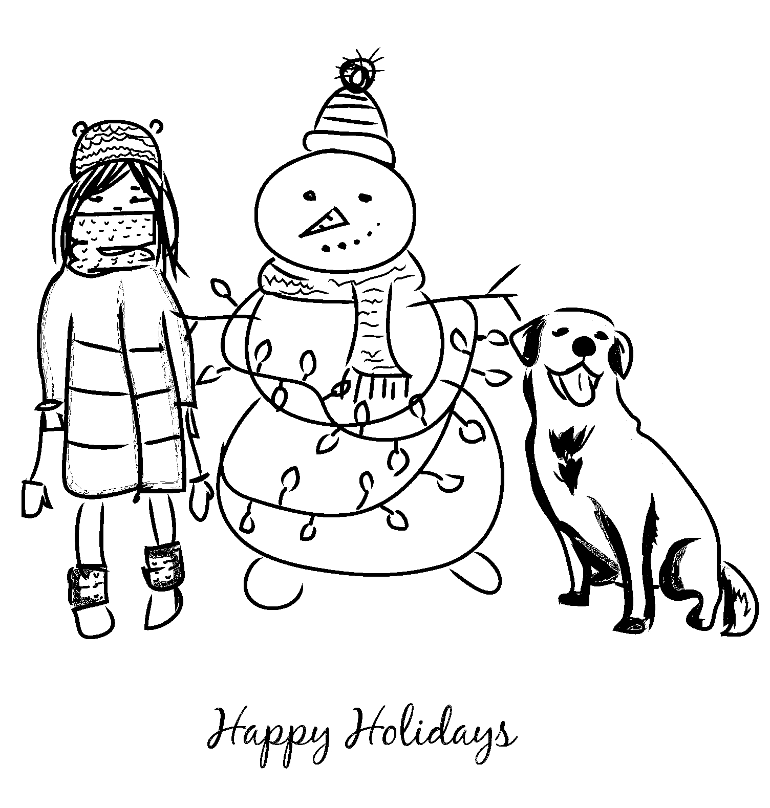 Disegno da colorare di cane, bambina e pupazzo neve