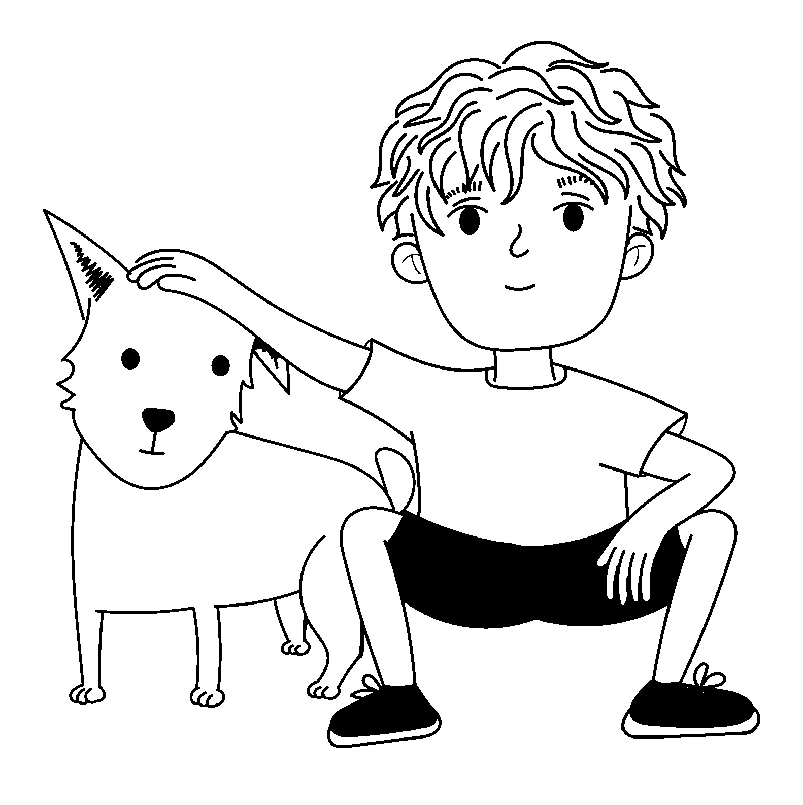 Disegno da colorare di bambino che accarezza il suo cane stile cartone animato