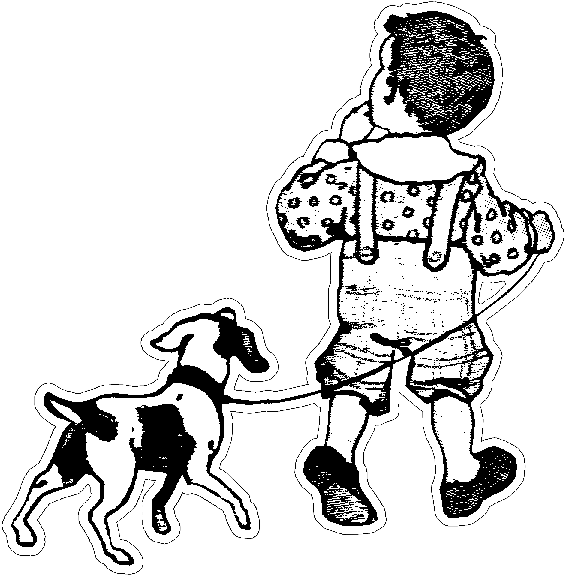 Página para colorear de perro con correa con un niño