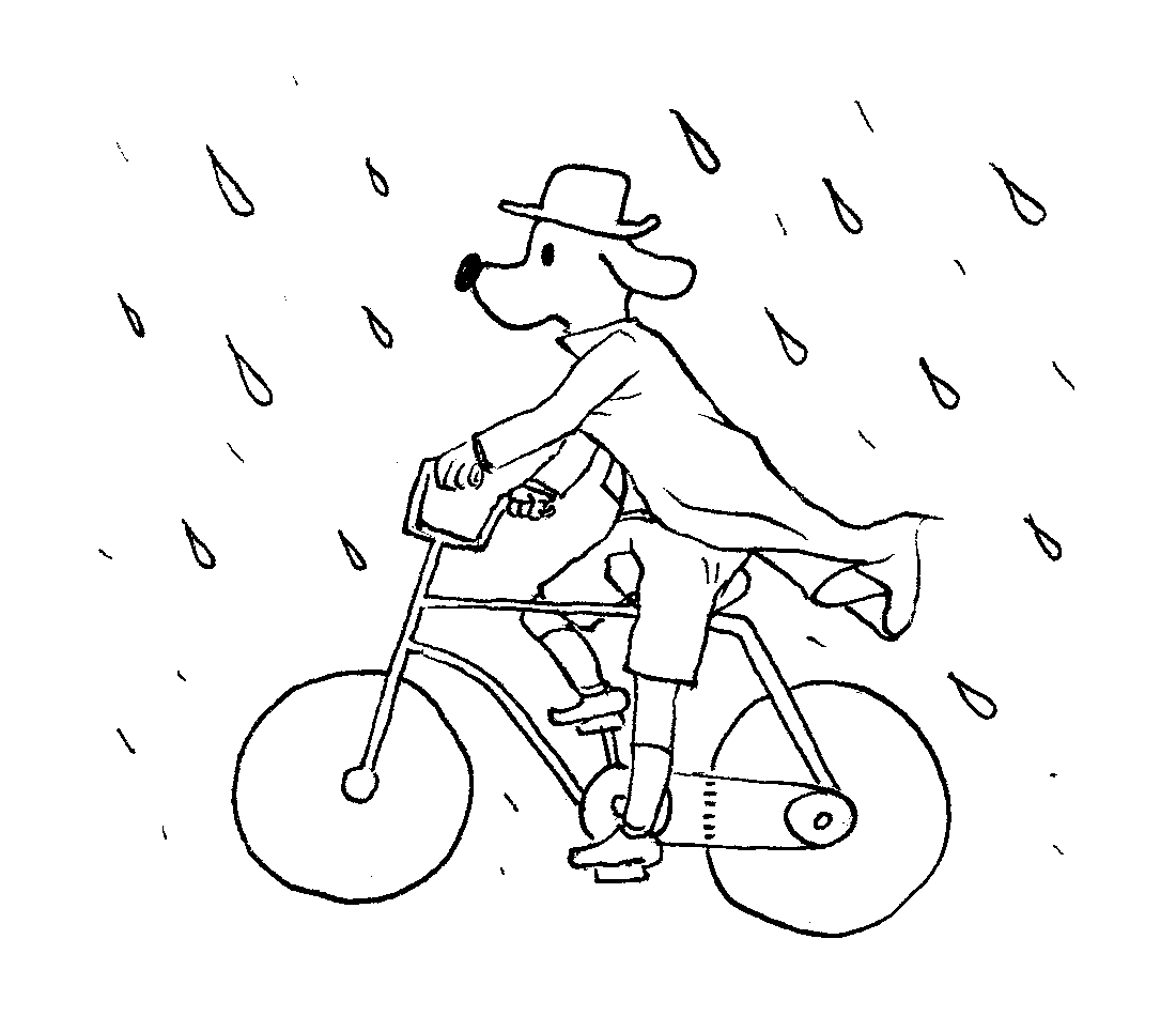 Disegno da colorare di cane in bicicletta sotto la pioggia