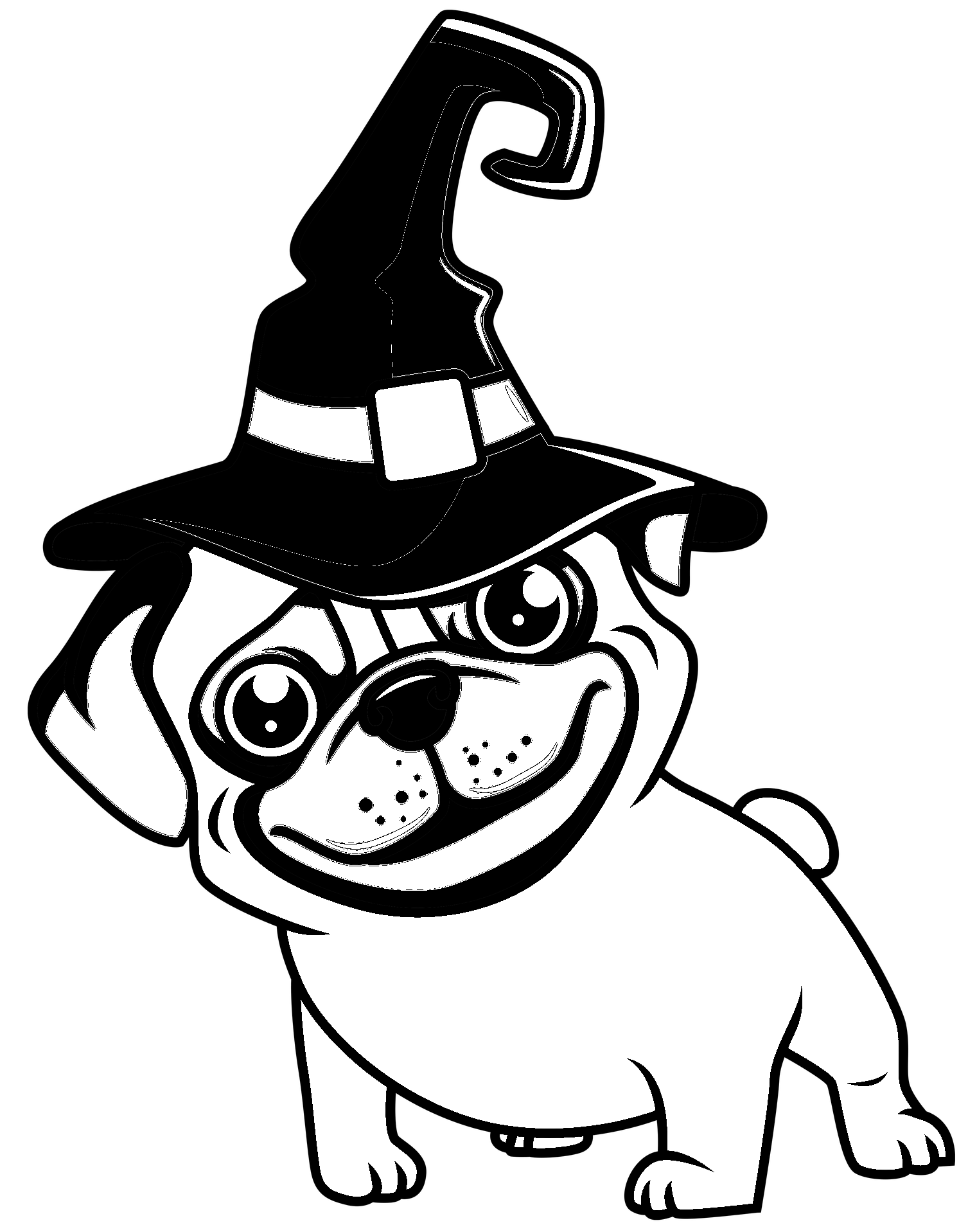 Disegno da colorare di cucciolo di cane Carlino vestito per Halloween con cappello da strega