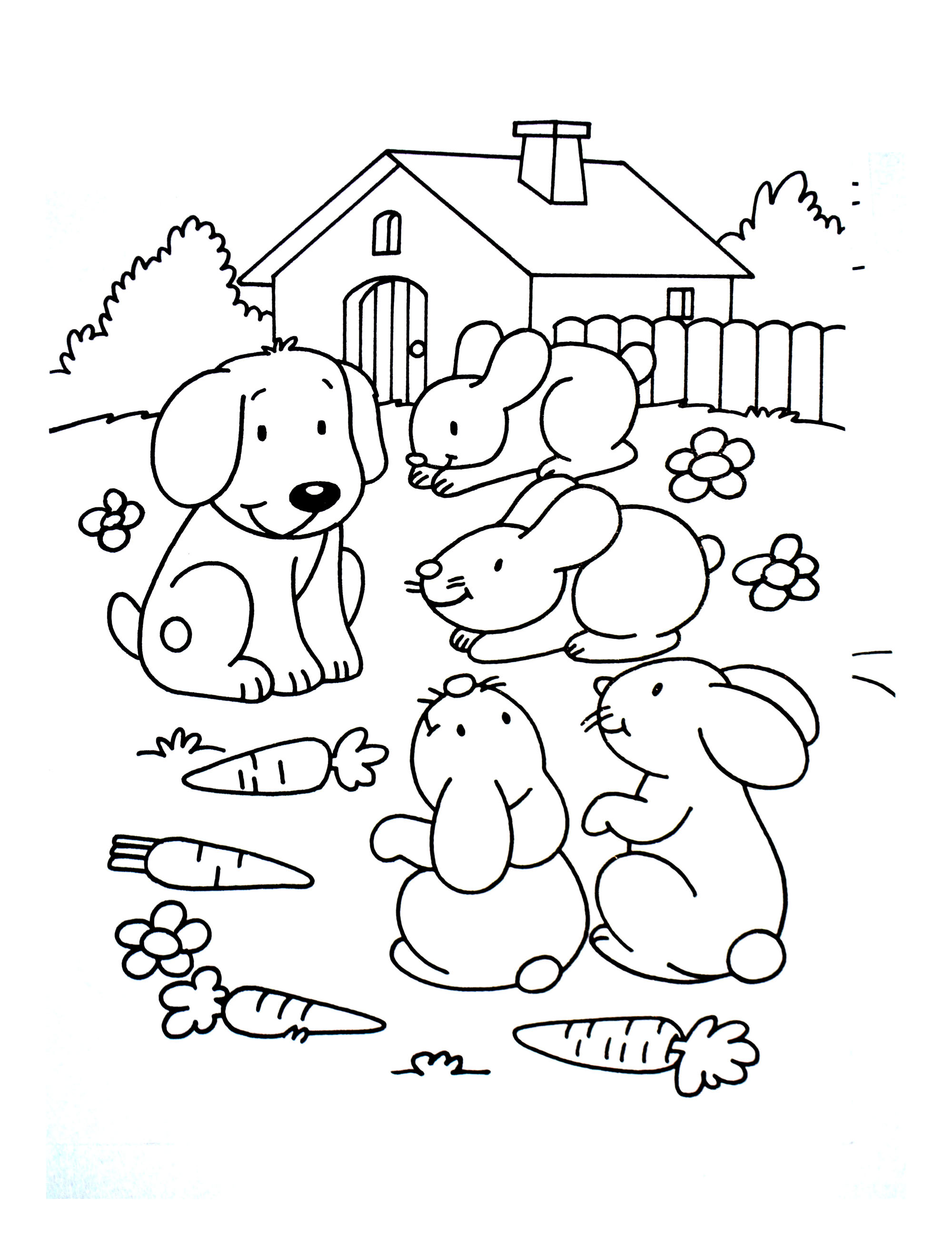 Disegno da colorare di cane con gli animali della fattoria stile cartone animato per bambini 