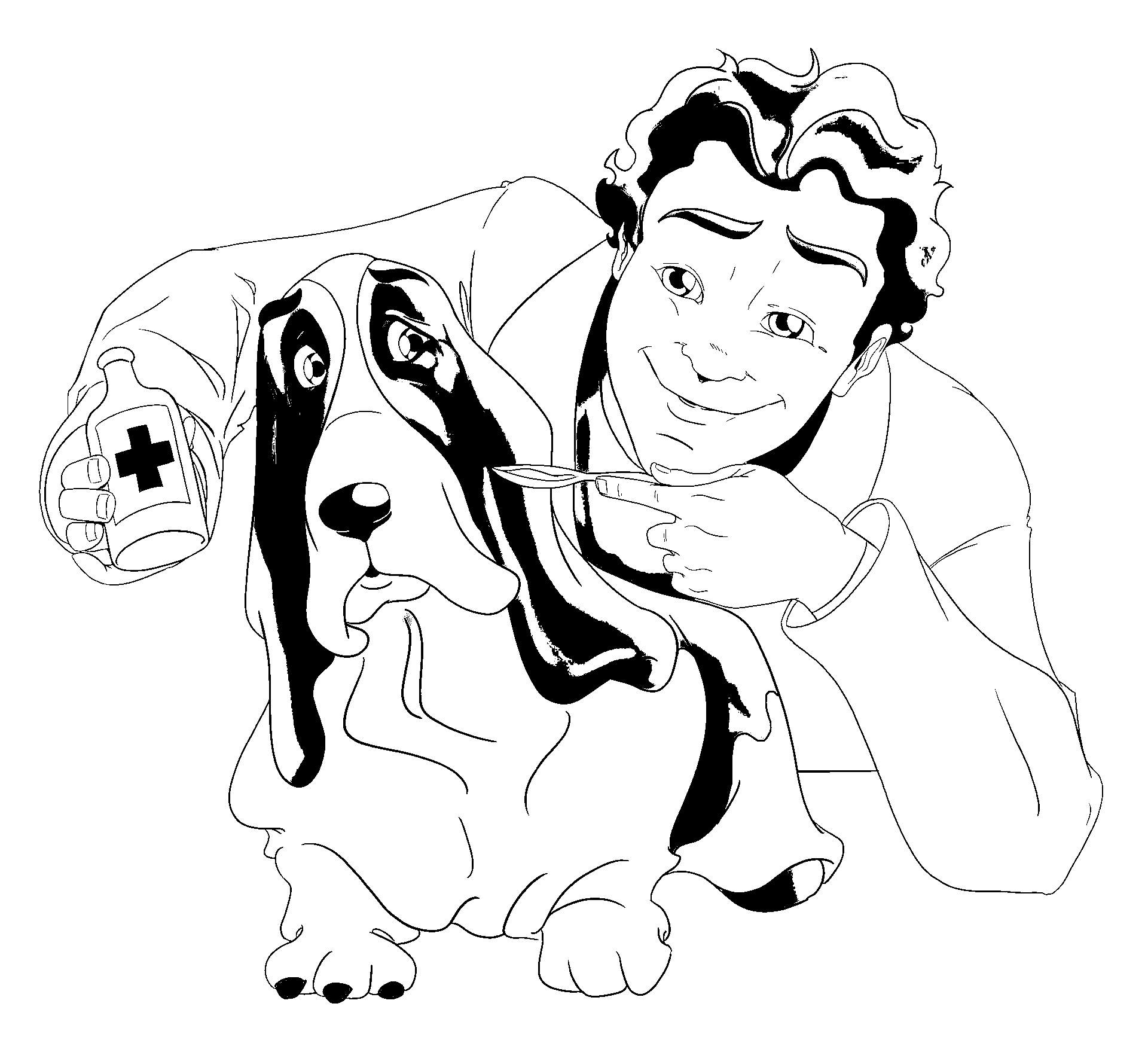 Disegno da colorare di uomo che offre medicina al cane Beagle in stile cartone animato