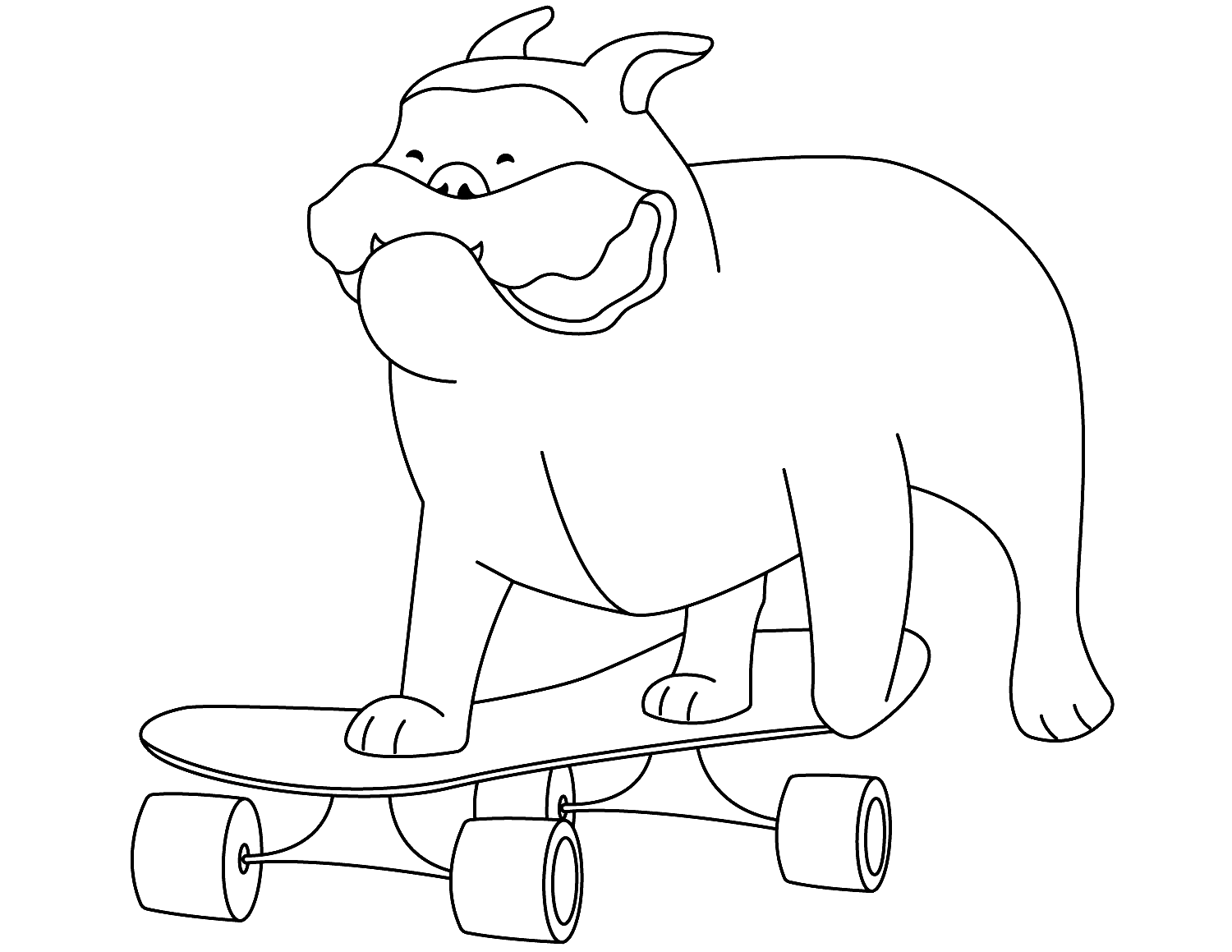 Disegno da colorare di cane bulldog felice sullo skateboard stile cartone animato