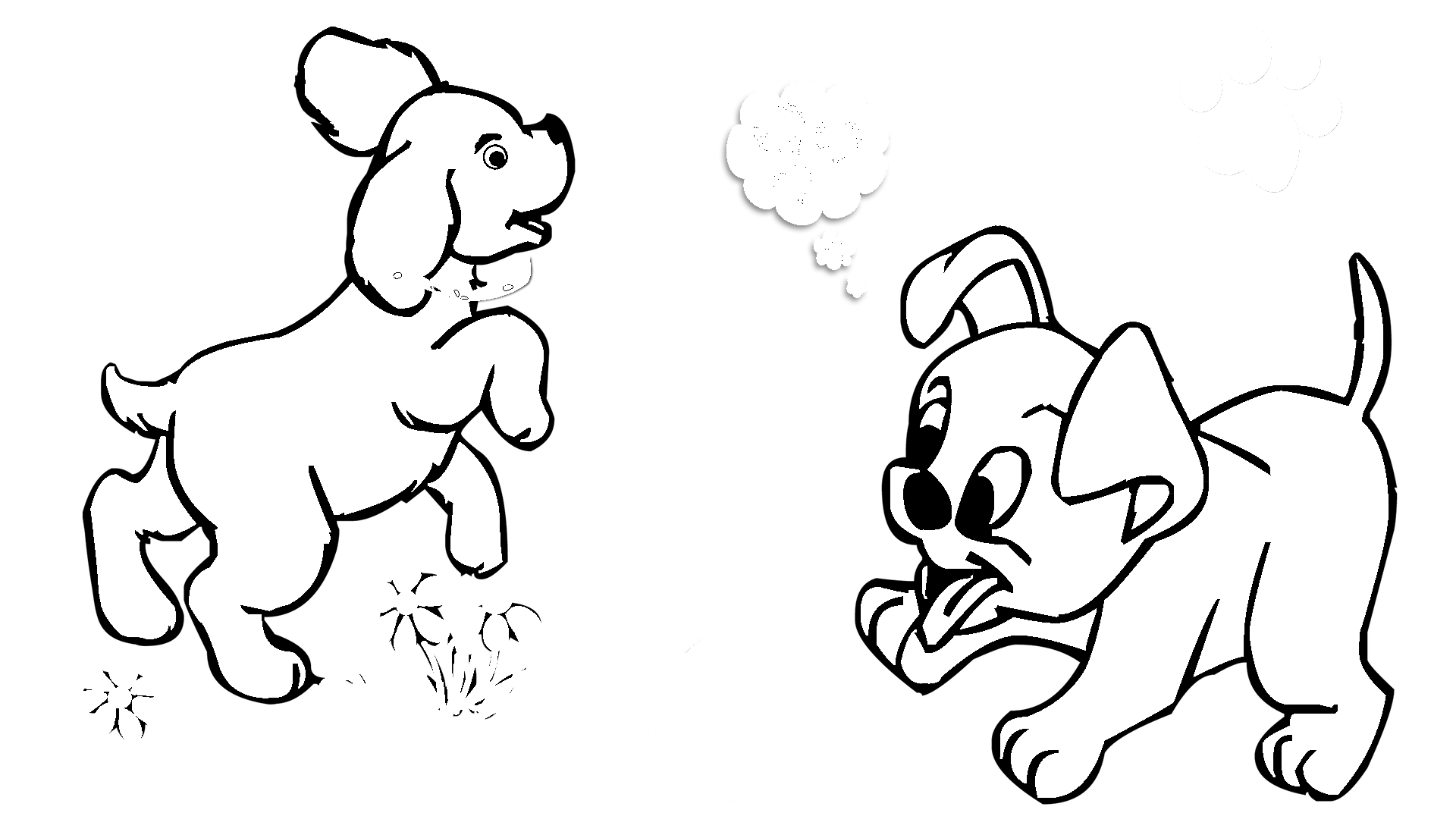 Disegno da colorare di cuccioli di cane che giocano con la palla stile cartoon