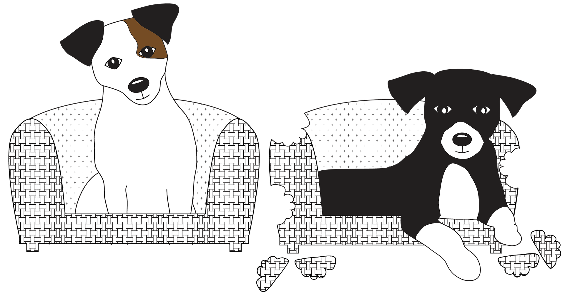 Disegno da colorare di cani sul divano stile semplice per bambini