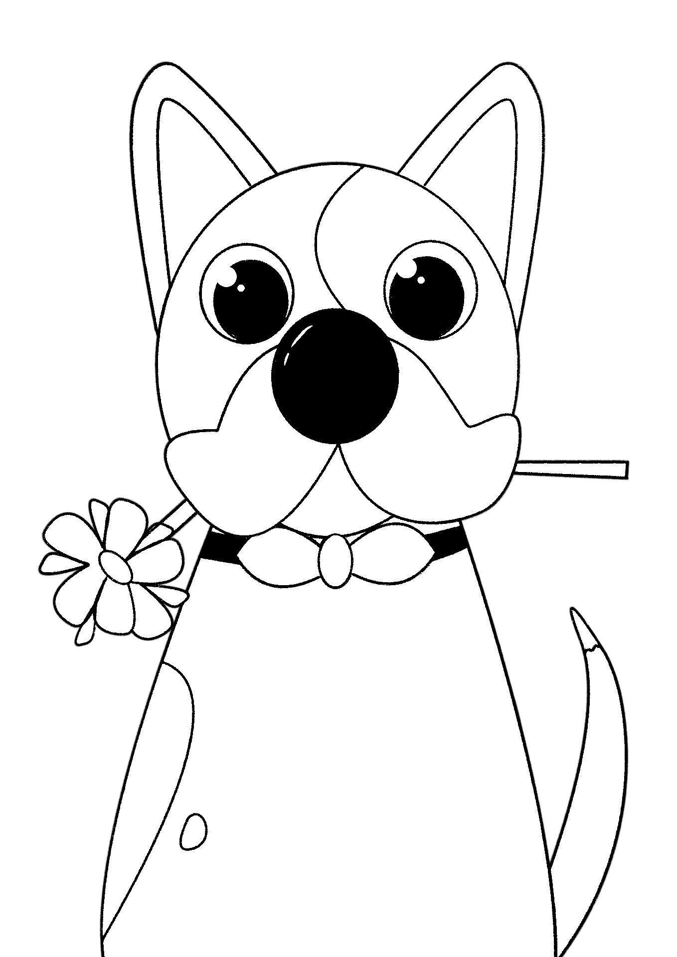 Disegno da colorare di cane kawaii con fiore in bocca