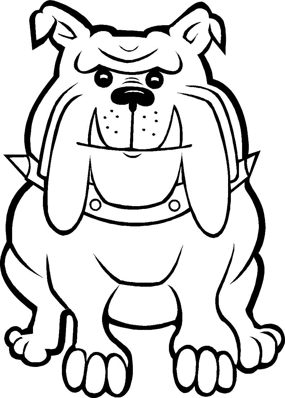 Disegno da colorare di cane umoristico Bull Dog frontale seduto