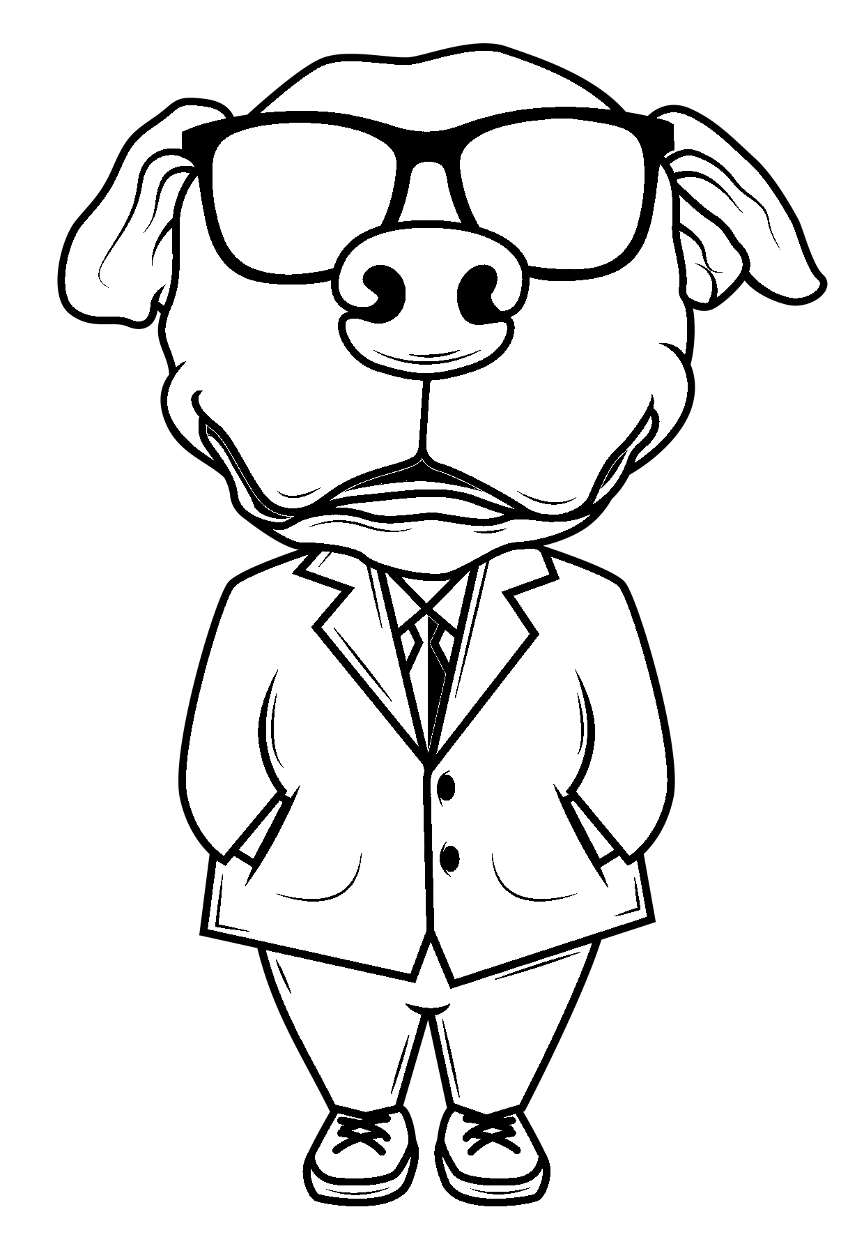Pagina de colorat a câinilor pline de umor în costum, cravată și ochelari întunecați