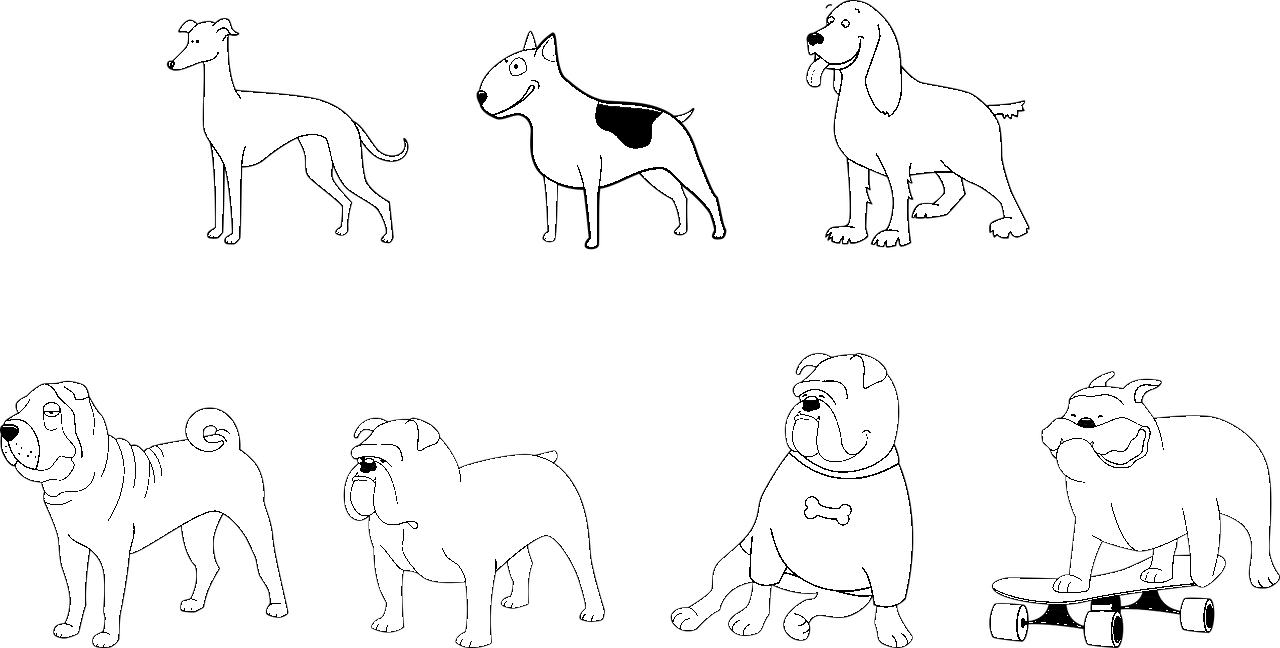 Disegno da colorare di cani sharpei e bulldog