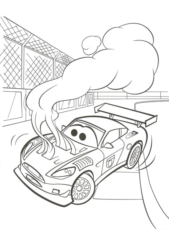 Disegno di Cars 2 con Saetta con fumo nel motore da stampare e colorare 