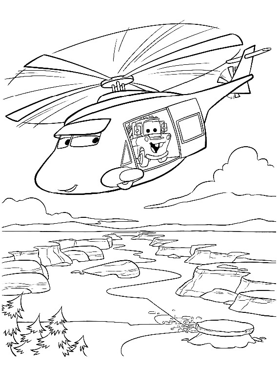 Disegno di Cars con Cricchetto a bordo dell'elicottero da stampare e colorare 