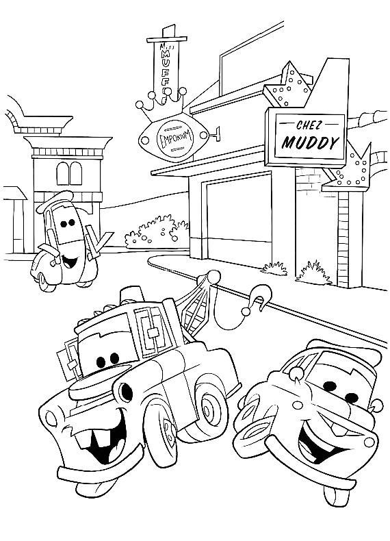 Disegno di Cars con Luigi, Cricchetto e Guido da stampare e colorare 