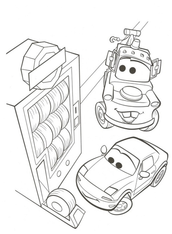 Disegno di Cars con Saetta e Cricchetto al distributore automatico di pneumatici da stampare e colorare 
