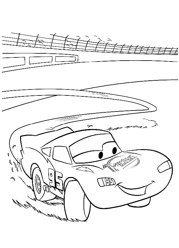 Disegno di Cars con Saetta McQueen che prova le curve da stampare e colorare 