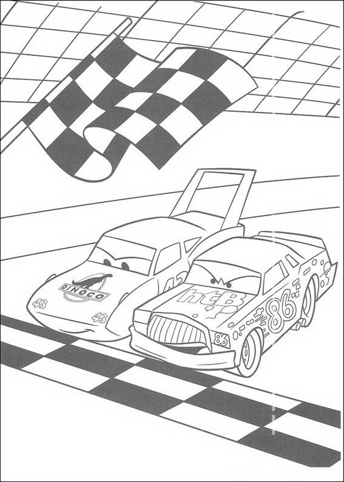Disegno di Cars con Strip The King Weathers e Chick Hicks pronti per la partenza da stampare e colorare 