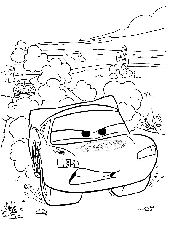 Disegno di Cars con Saetta McQueen che sorpassa Hudson da stampare e colorare 