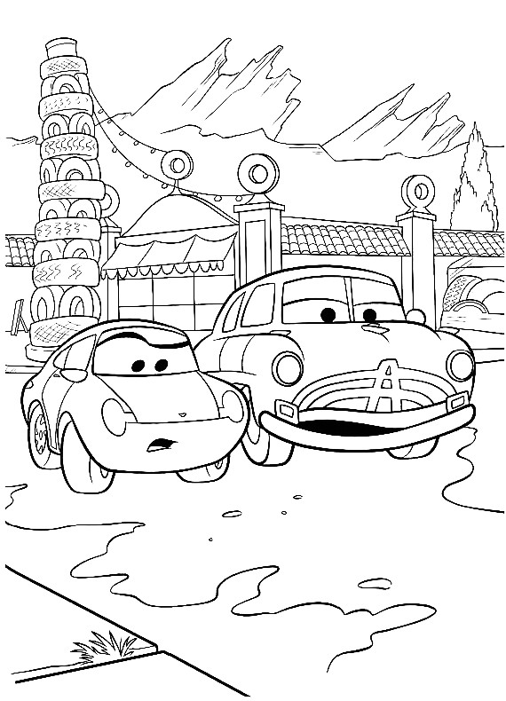 Disegno di Cars con Sally Carrera e Hudson da stampare e colorare 