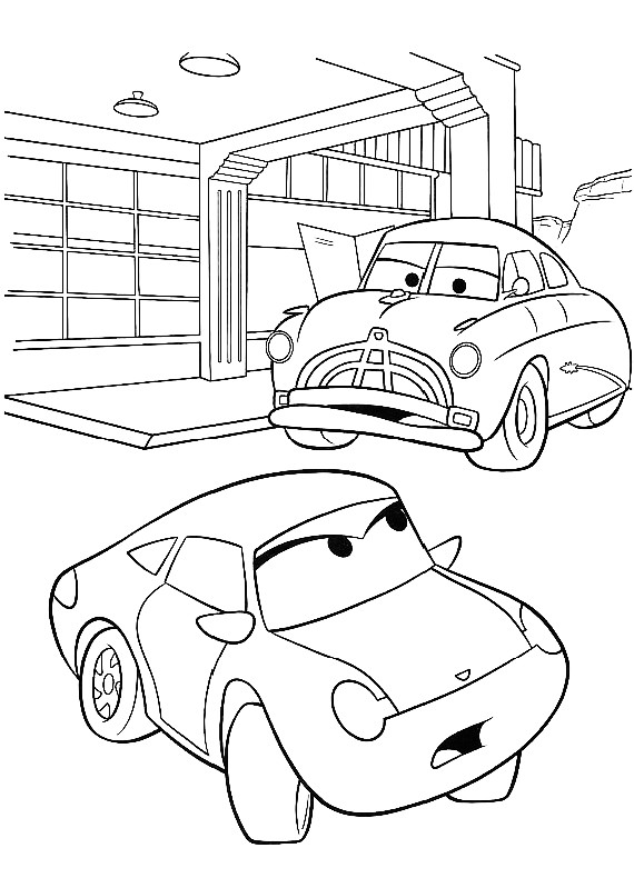 Dibujo de Coches con Sally Carrera y Hudson para imprimir y colorear