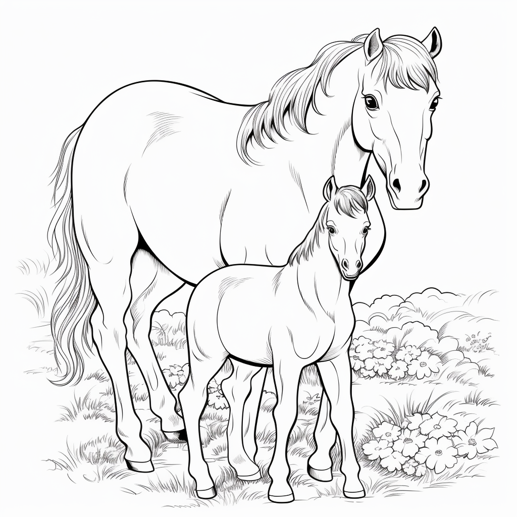Disegno 01 di Piccolo cavallo puledro con sua madre da stampare e colorare