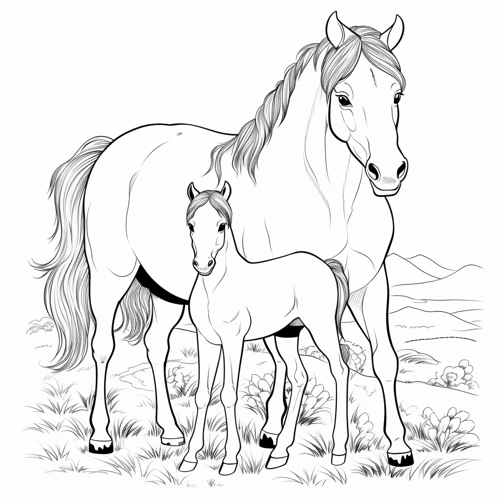 Disegno 02 di Piccolo cavallo puledro con sua madre da stampare e colorare