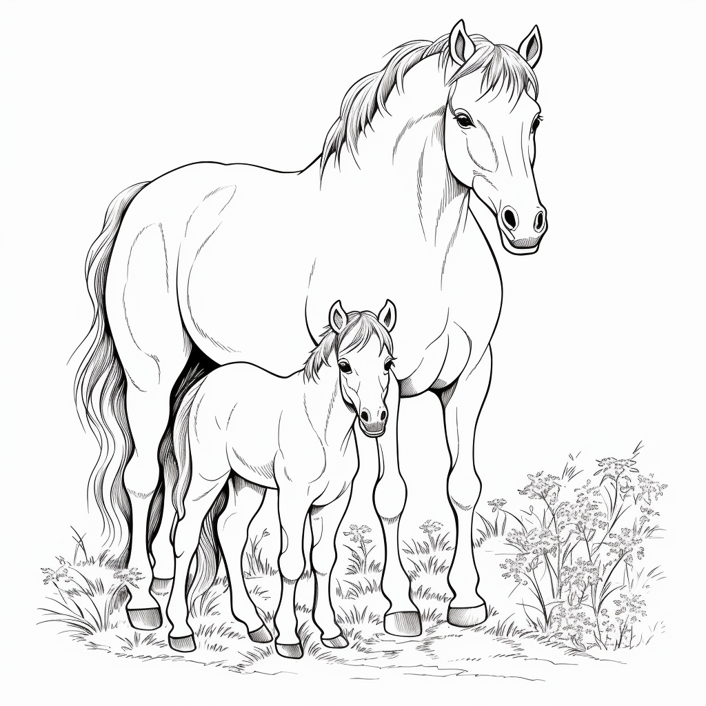 Disegno 03 di Piccolo cavallo puledro con sua madre da stampare e colorare