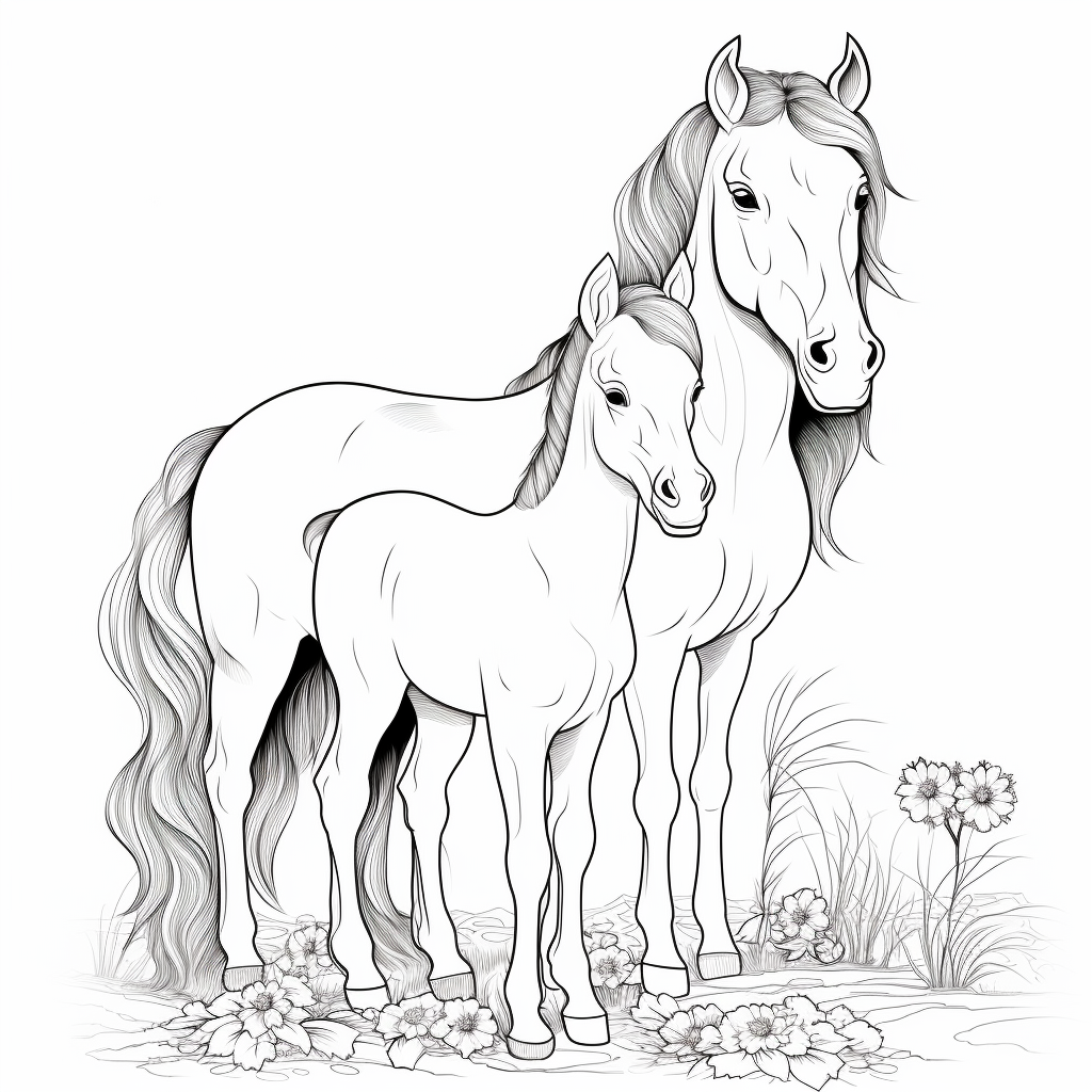 Disegno Piccolo cavallo puledro con sua madre 05 di Piccolo cavallo puledro con sua madre da stampare e colorare
