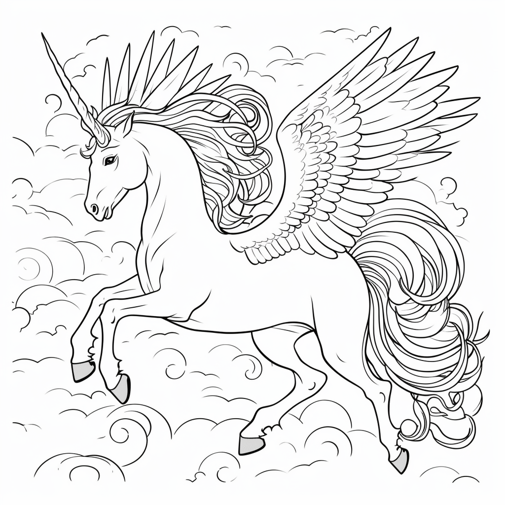 Winged horse drawing 01 to print and color