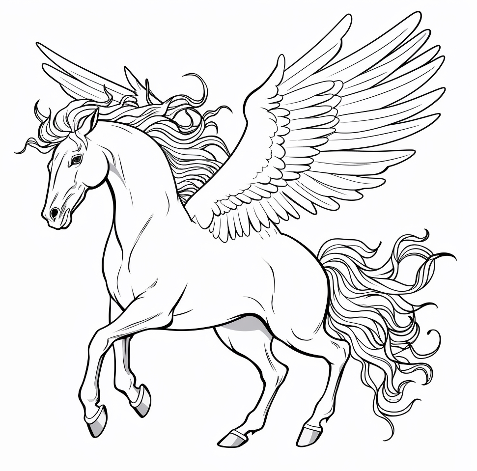 Winged horse drawing 02 to print and color