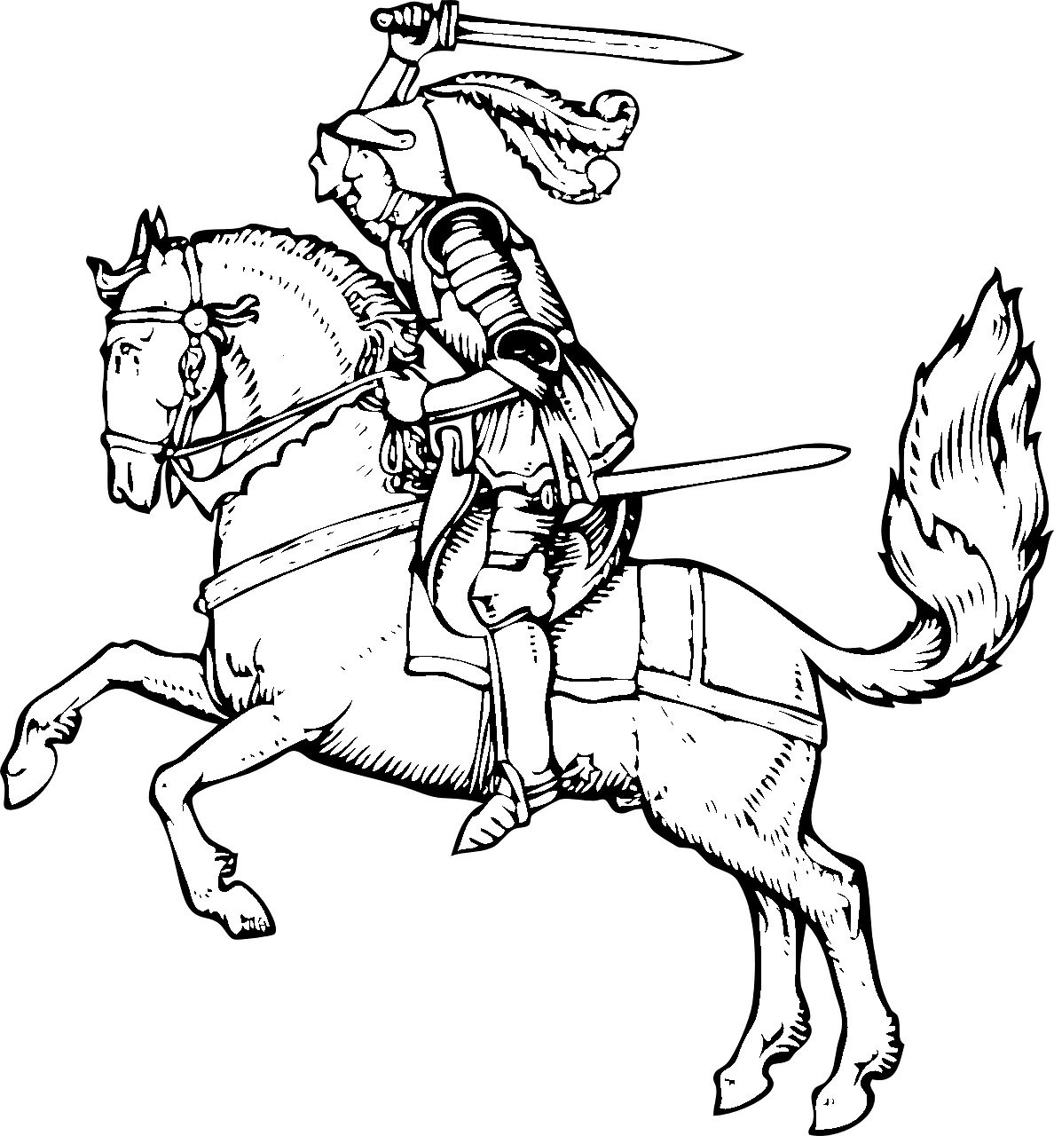전투에서 중세 말과 기사의 색칠 페이지