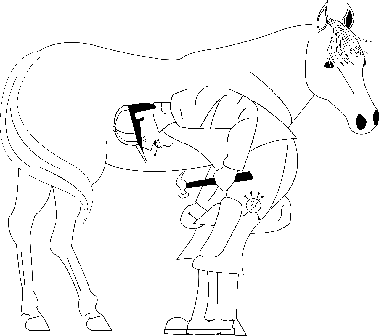 Coloring page of horse and blacksmith