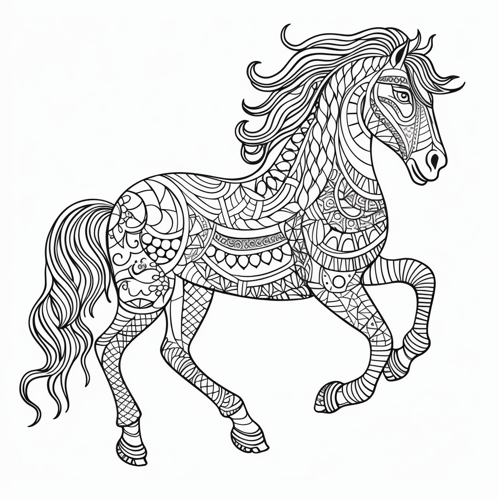 印刷して着色する馬のゼンタングルの描画 01