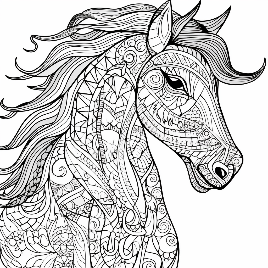 馬のゼンタングル05を描いて印刷して色付けする馬のゼンタングル