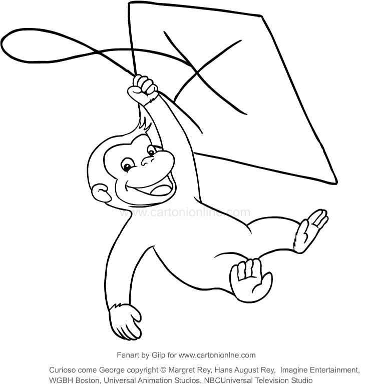 Tekening van George met de vlieger (Curious George) om af te drukken en in te kleuren