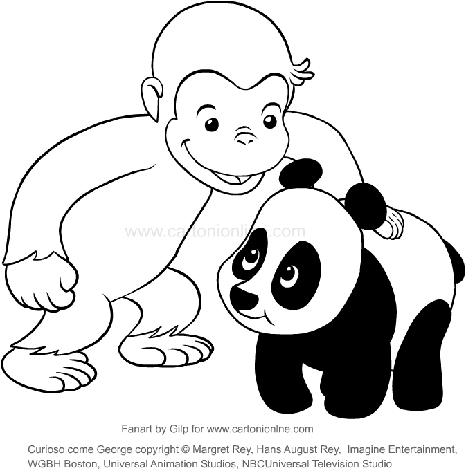 Tekening van George en de panda (Curious George) om af te drukken en in te kleuren