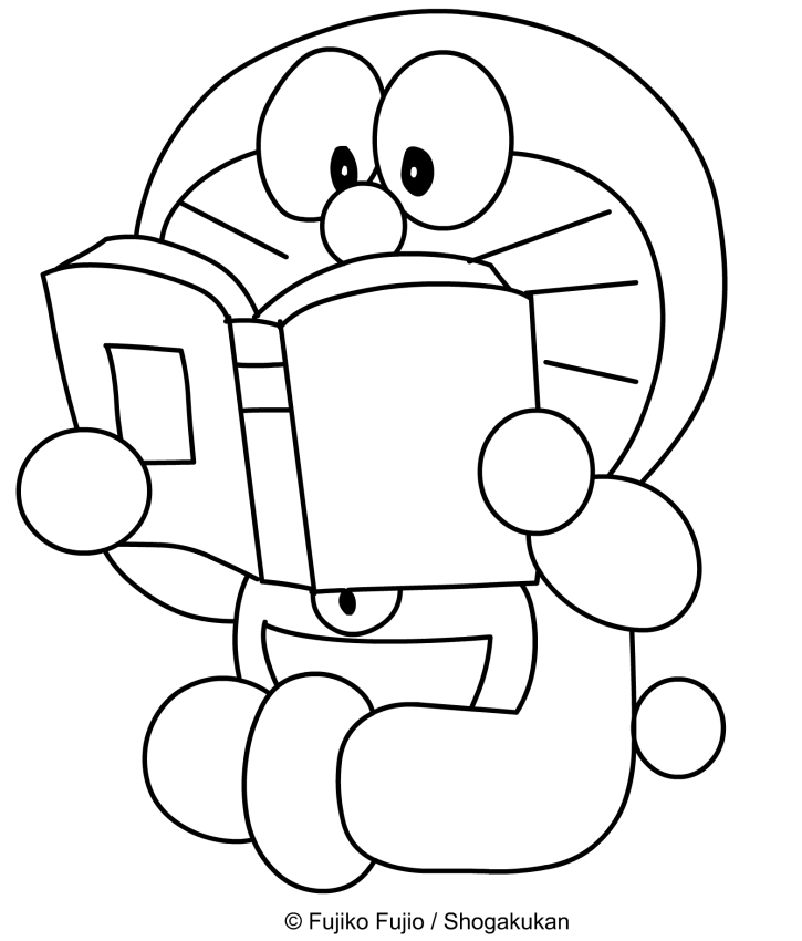 Dibujo de Doraemon leyendo un libro para imprimir y colorear