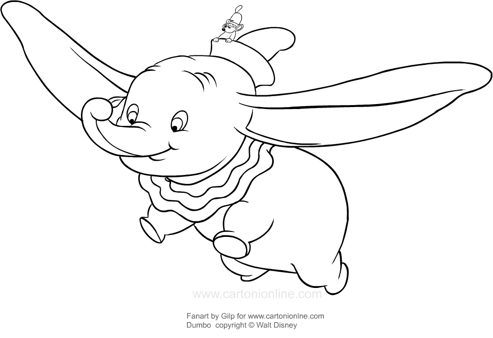 Tekening van Dumbo die met zijn veer vliegt om af te drukken en te kleuren
