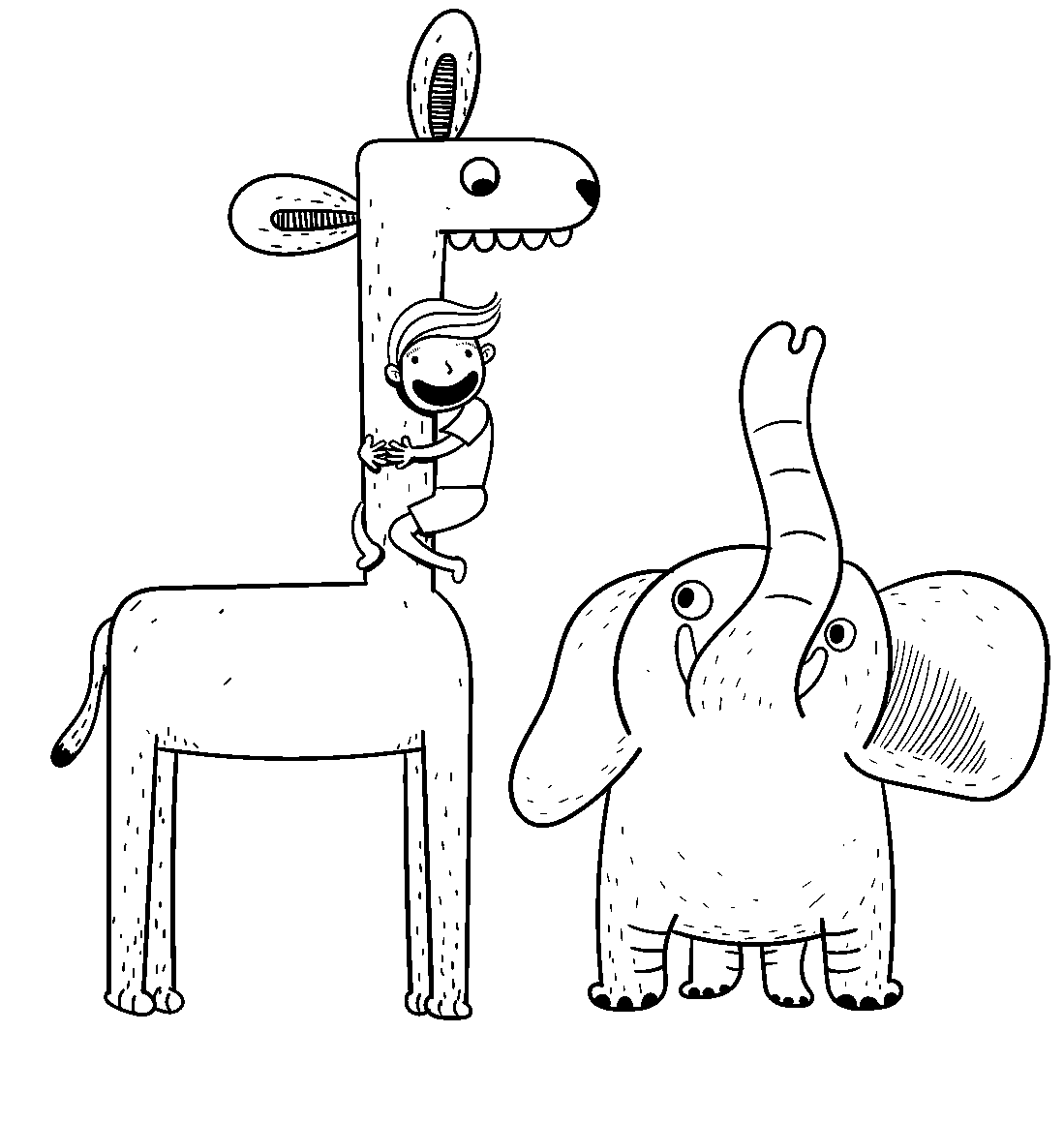 Disegno da colorare di elefante, bambino e giraffa stile illustrazione per bambini