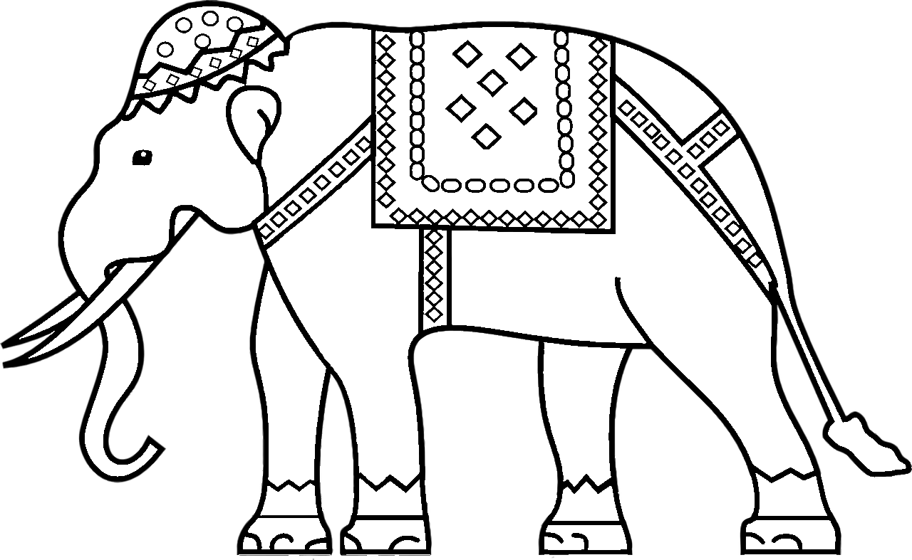 Disegno da colorare di elefante indiano con sella e cappello