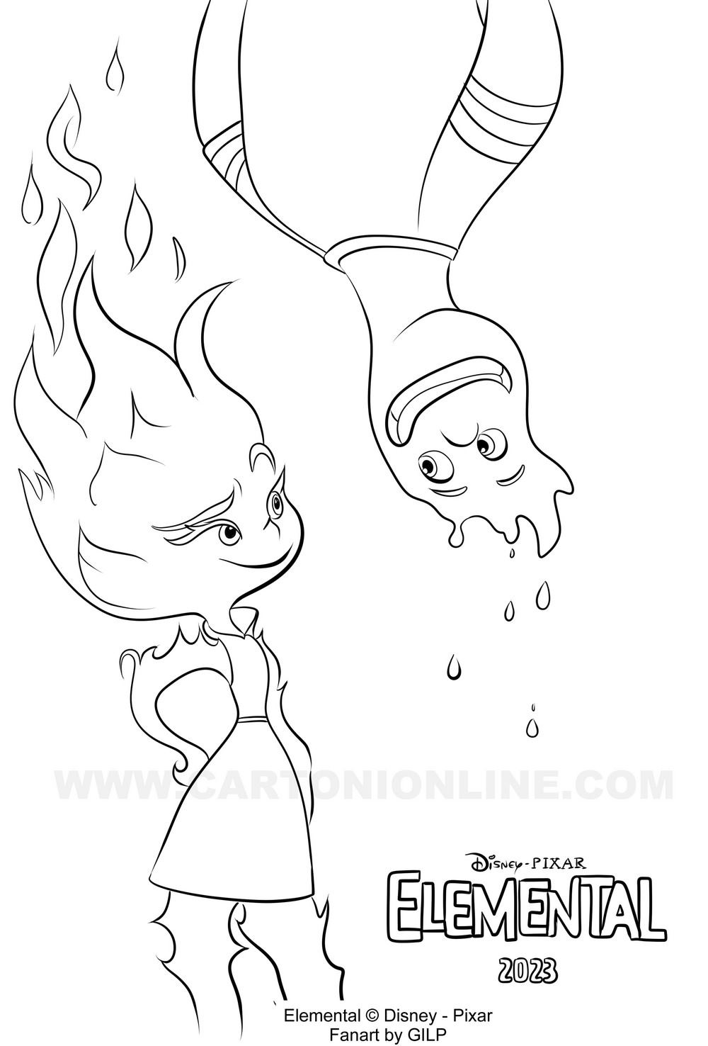 Disegno Ember, Wade di Elemental (Disney-Pixar) da stampare e colorare